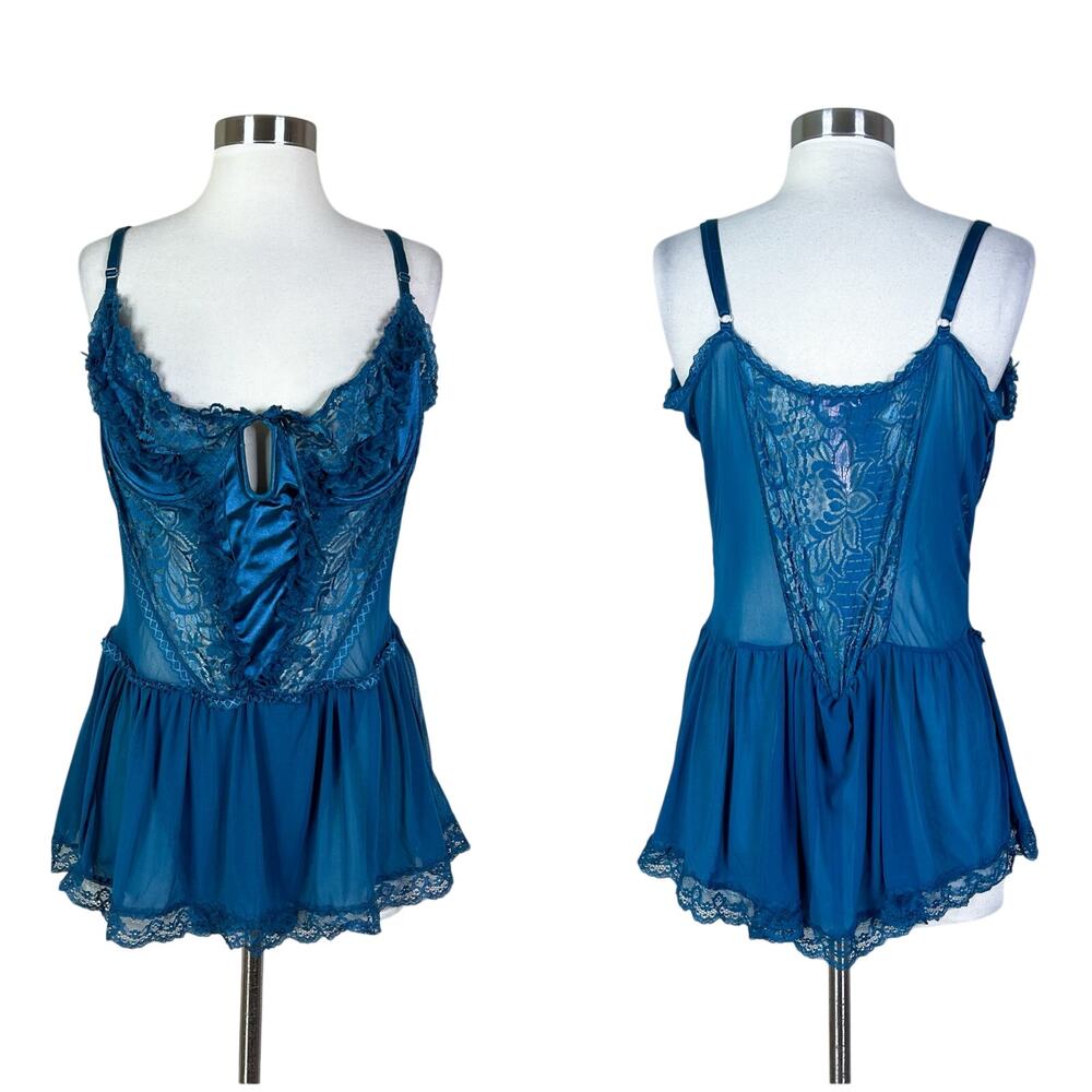Dolls Kill | Sugar Thrillz Blue Lace Corset Teddy Ruffle Lingerie Bodysuit 2X